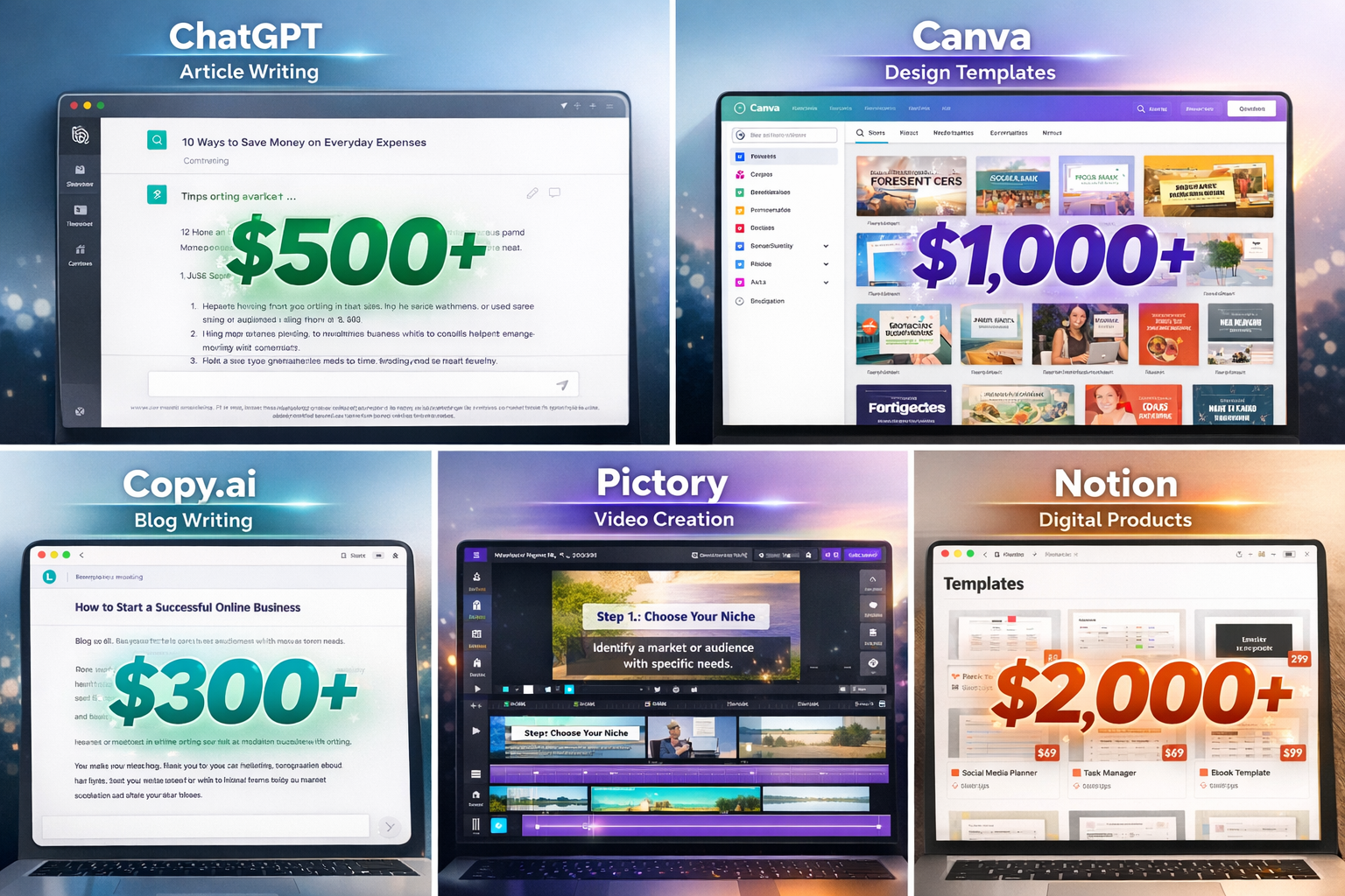 () split-screen composition showcasing five AI tool interfaces in action: top row displays ChatGPT conversation window