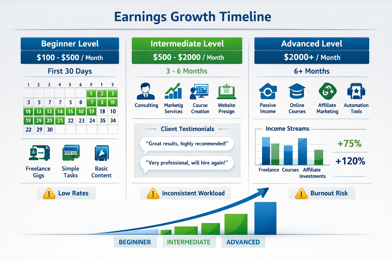 () realistic expectations dashboard showing three-tier earning timeline: beginner level (Realistic earning timeline dashboard00-500/month) with calendar