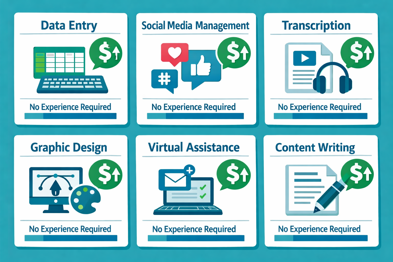 () editorial illustration showing a split-screen comparison of six beginner freelancing job categories: data entry, social