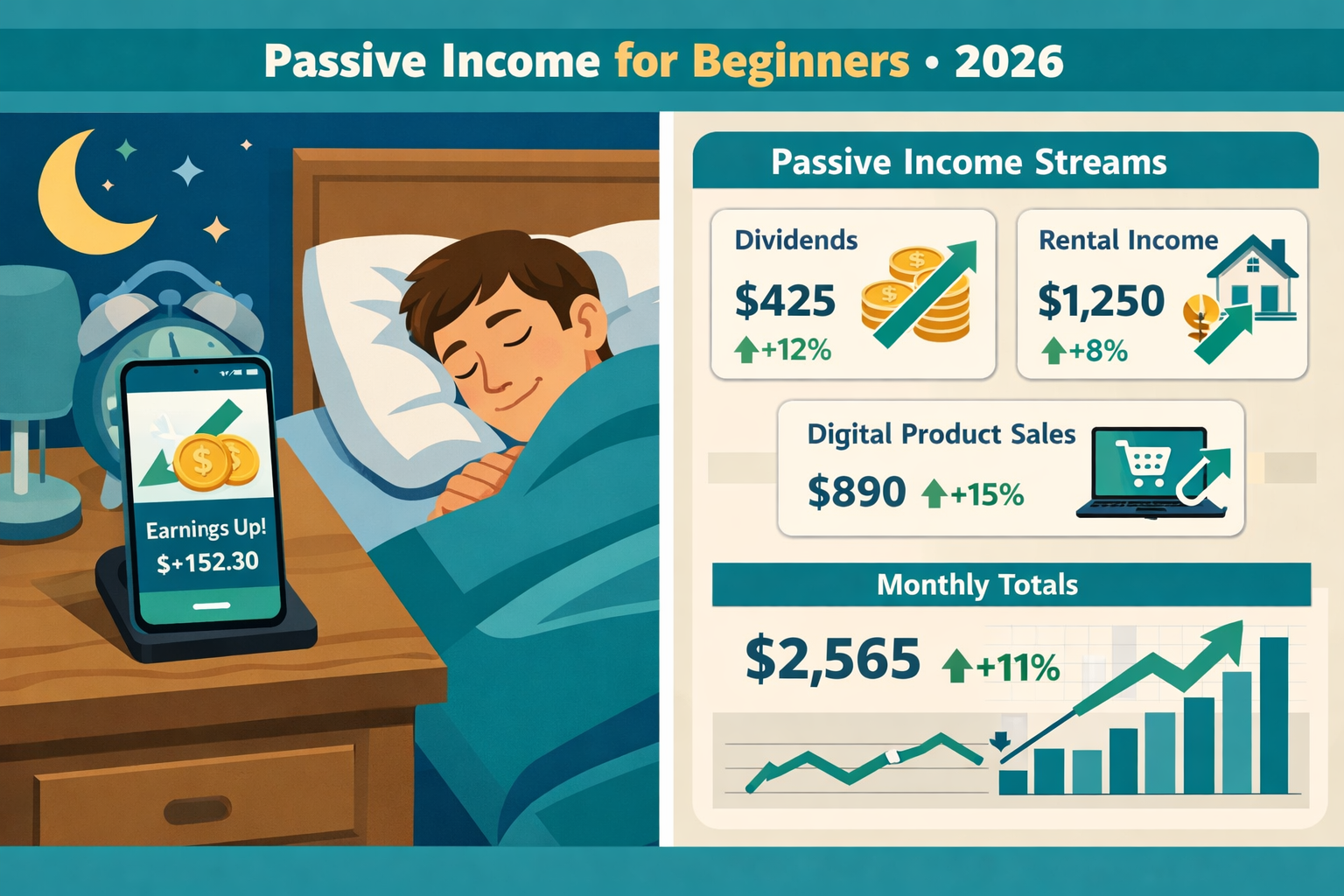 () editorial illustration showing a split-scene comparison: on the left, a person sleeping peacefully while a smartphone on