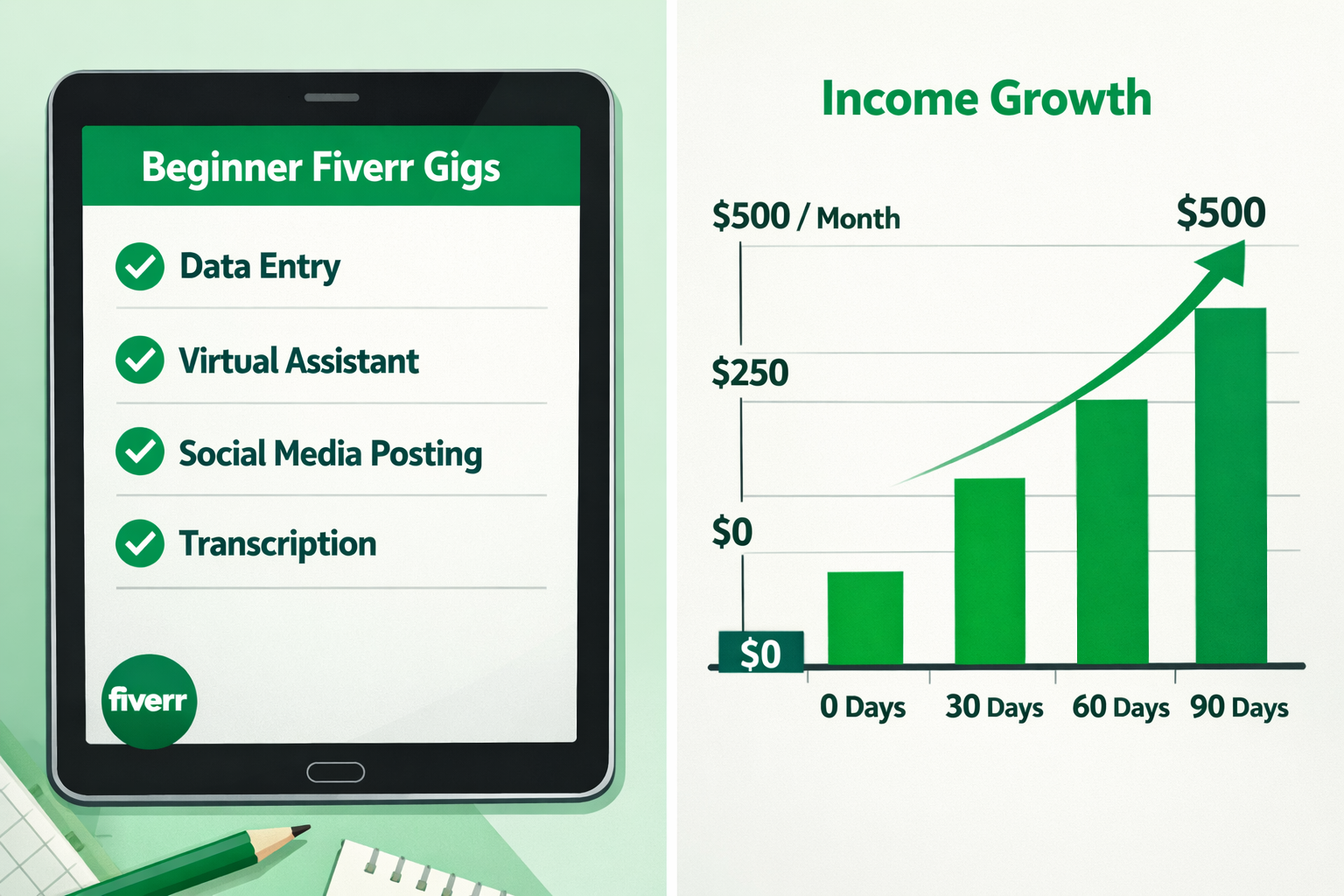 () editorial illustration showing a split-screen concept: on the left, a list of beginner-friendly Fiverr gig categories