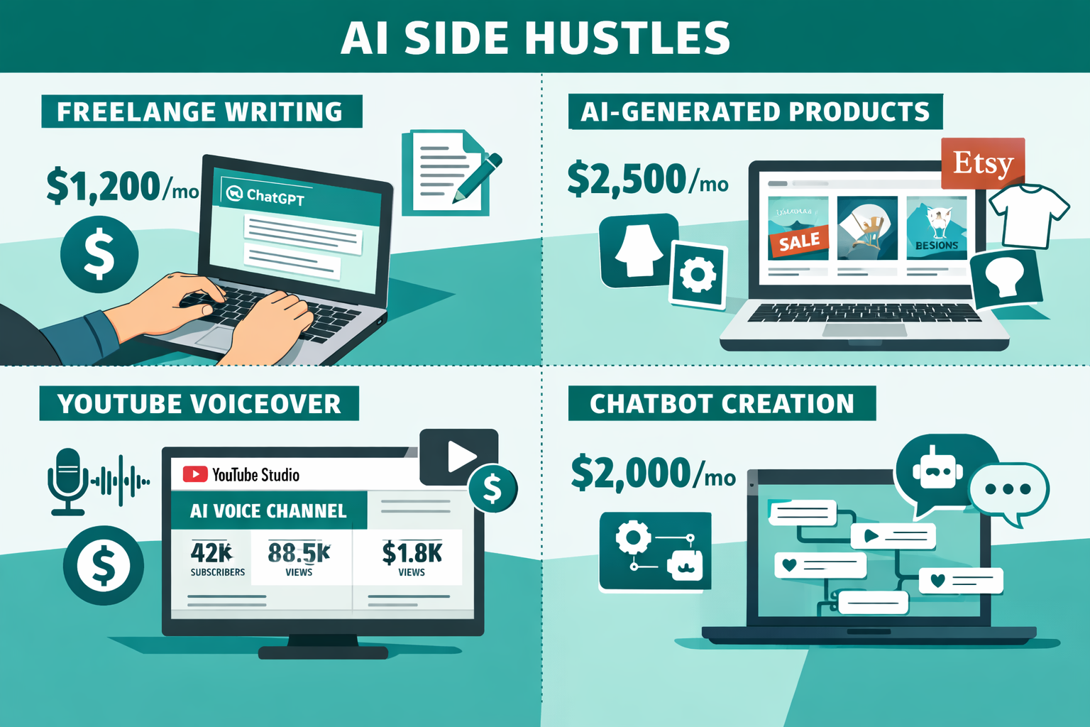 () editorial illustration showing a split-scene comparison of six AI side hustle categories: a person using ChatGPT to write
