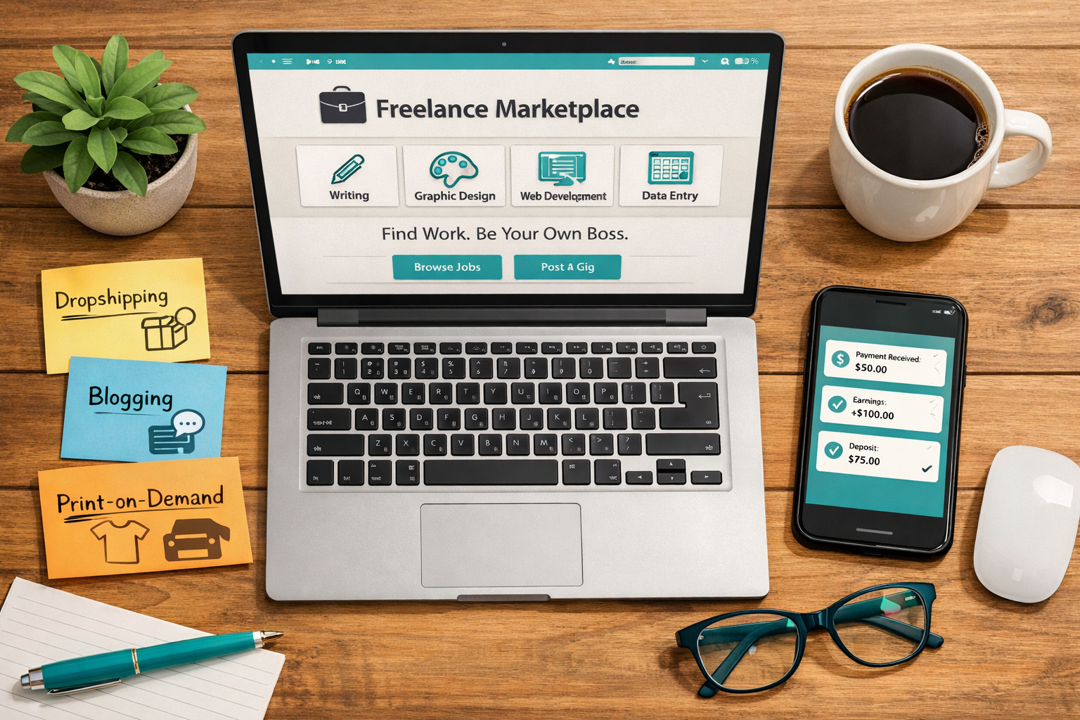 () editorial illustration showing a flat-lay overhead view of a wooden desk with a laptop open to a freelance marketplace