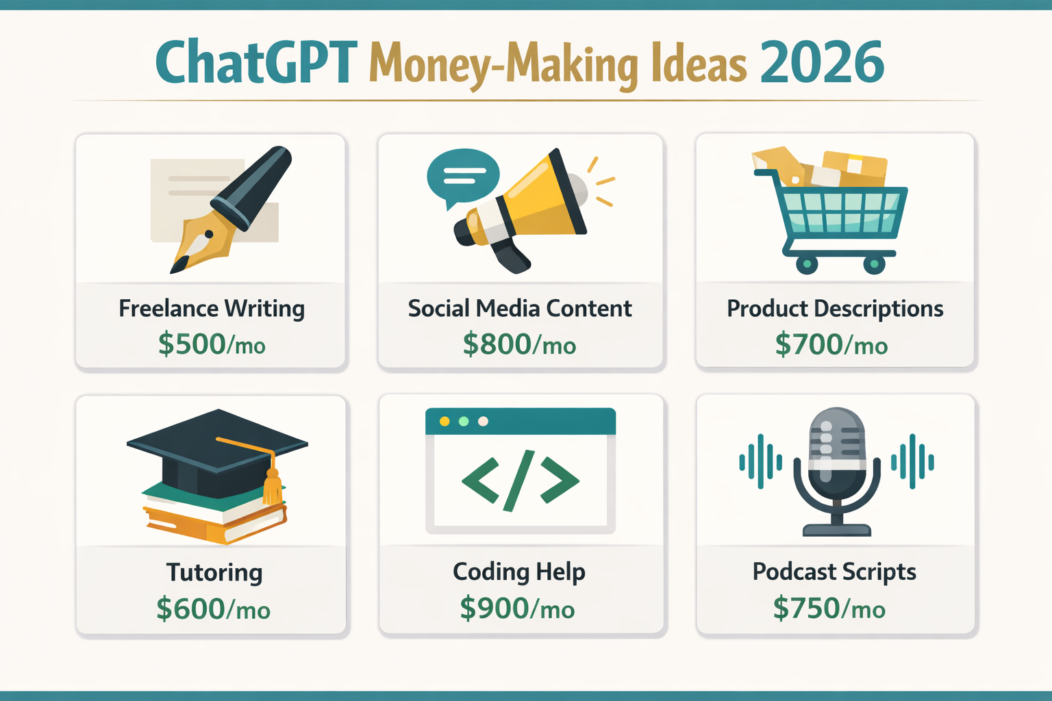 () editorial illustration showing a flat-design infographic grid of six ChatGPT side hustle icons arranged in two rows: a
