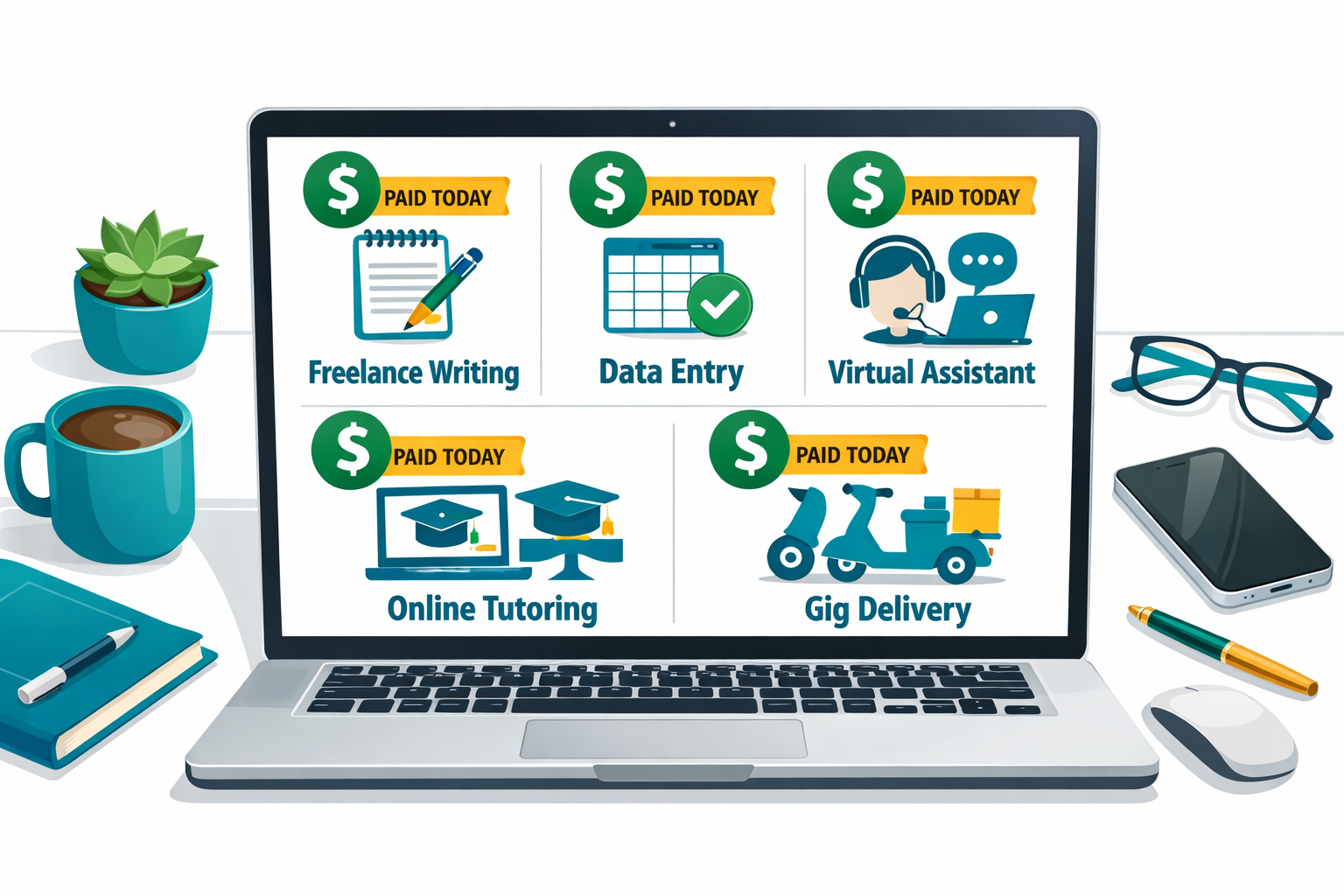 () editorial illustration showing a flat-lay overhead view of a home desk with a laptop screen displaying multiple income