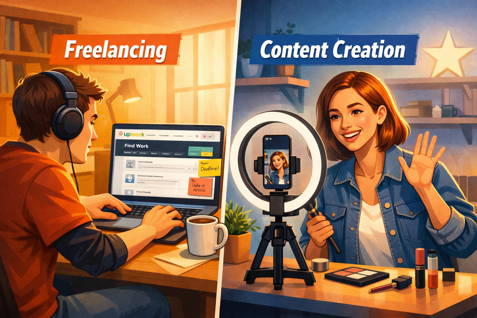 () editorial illustration showing a split-scene comparison: on the left, a college student at a desk with a laptop open to a