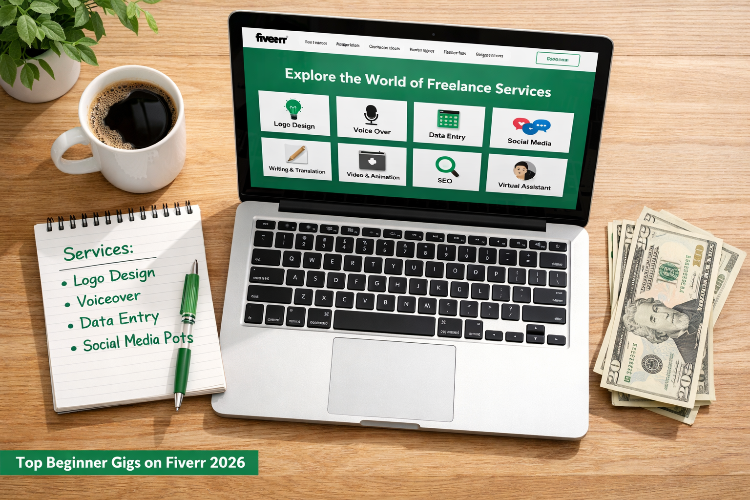 Flat-lay overhead shot of a wooden desk showing a laptop with Fiverr gig categories on screen, a notepad listing services