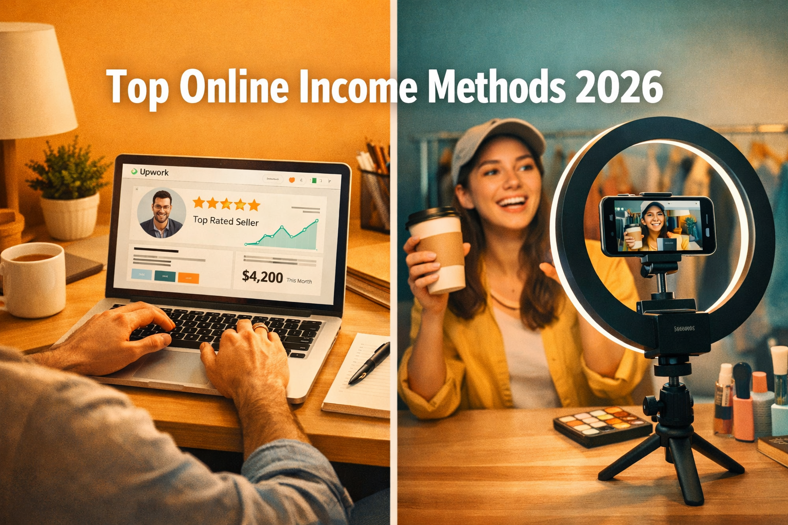() editorial illustration showing a split-screen concept: left side displays a freelancer at a clean desk with a laptop
