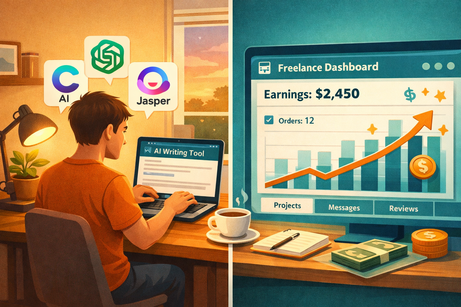 () illustration showing a split-screen concept: left side displays a person at a home desk using an AI writing tool on a