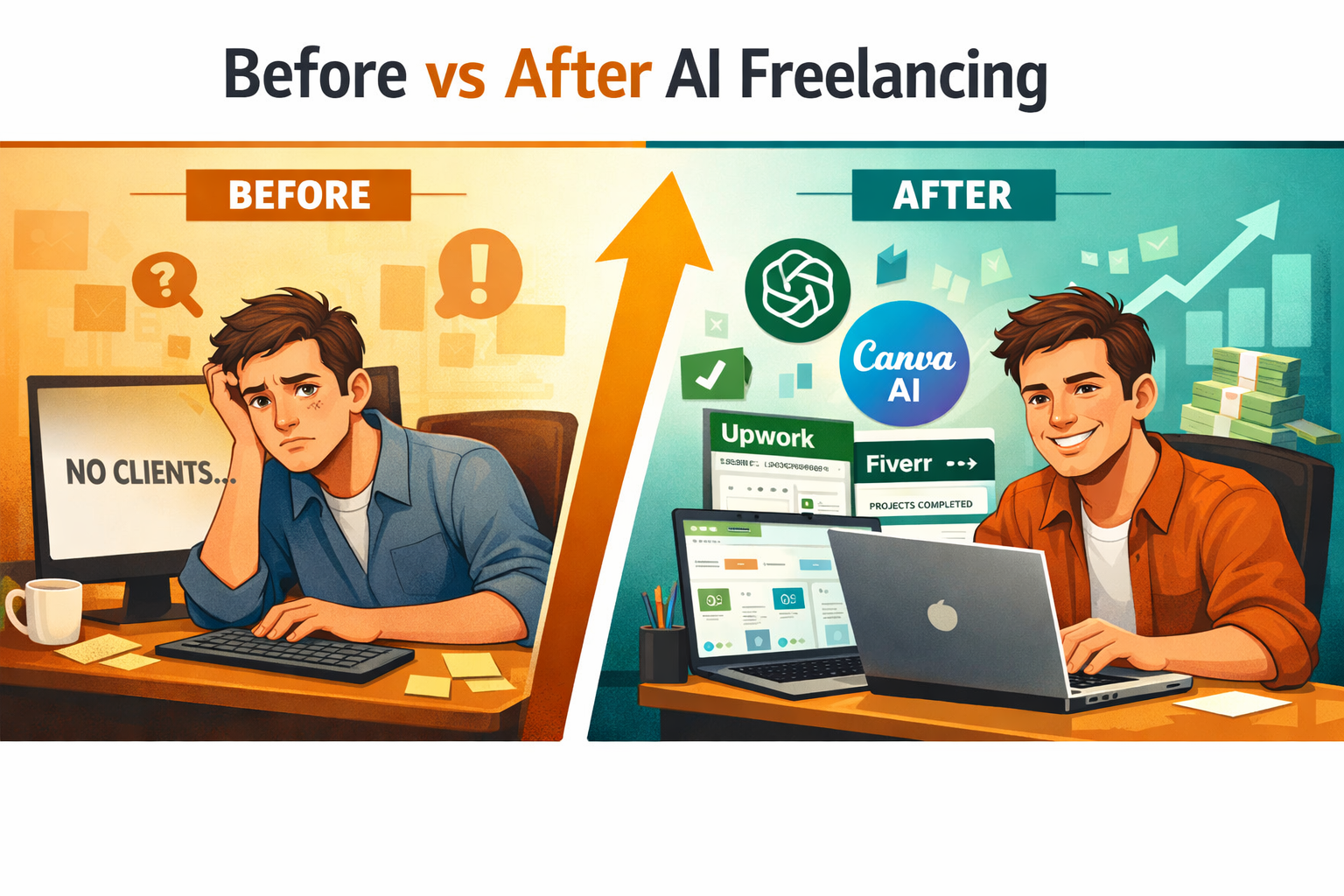 () editorial illustration showing a split-screen concept: on the left, a frustrated beginner staring at a blank screen with