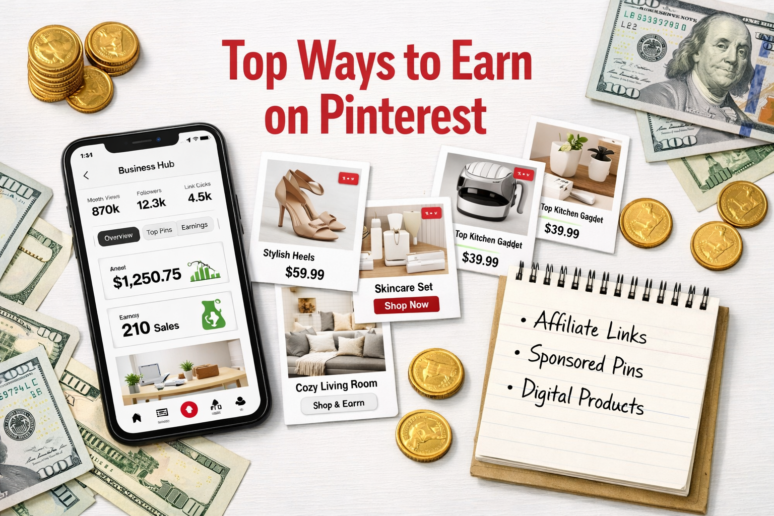 () editorial illustration showing a flat-lay desk scene with a smartphone displaying a Pinterest business account dashboard,