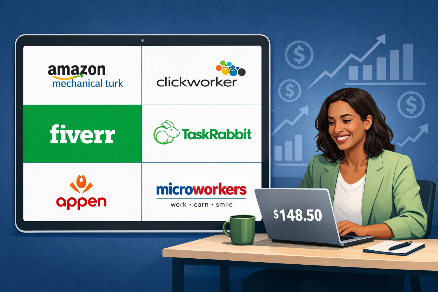 () editorial illustration showing a split-screen comparison of six popular micro task website logos (Amazon Mechanical Turk,