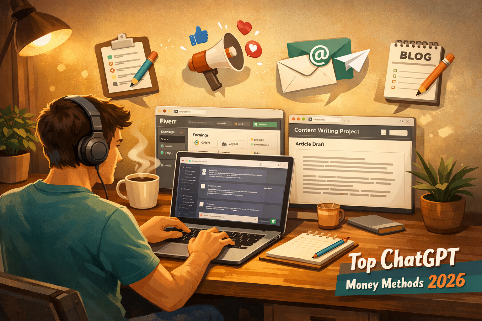 Wide () illustrative scene showing a beginner freelancer at a clean wooden desk, multiple browser tabs open showing ChatGPT