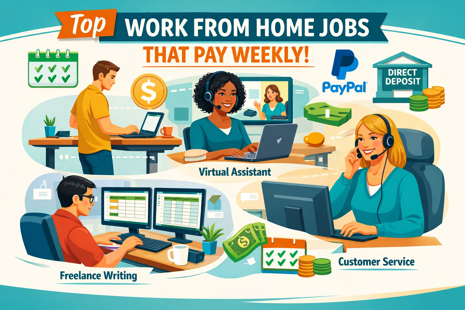 () editorial illustration showing a diverse collage of remote work roles: a person doing freelance writing at a standing