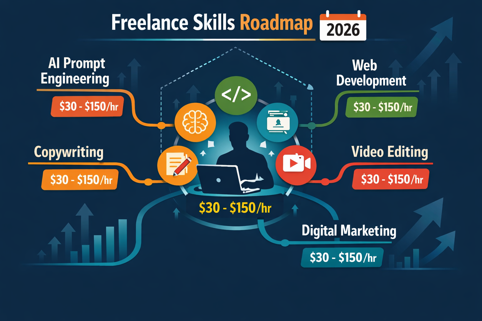 () editorial illustration showing a glowing skills roadmap infographic for 2026 freelancing: branching pathways labeled AI