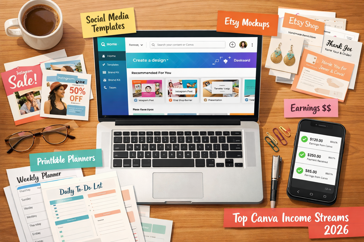 () editorial illustration showing a flat-lay overhead view of a modern desk with a laptop open to Canva's design dashboard,