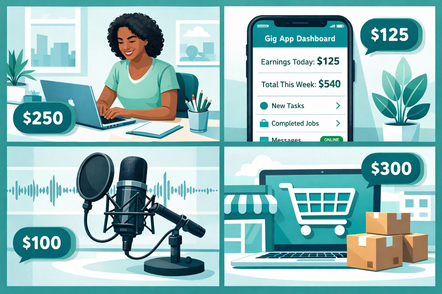 () editorial illustration showing a diverse split-screen grid of four side hustle activities: a person freelancing on a