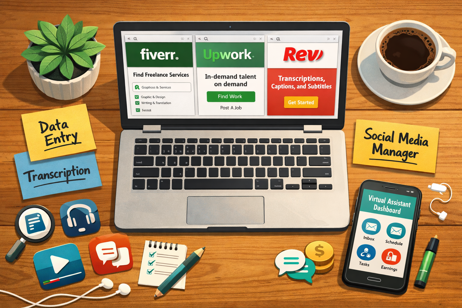 () editorial illustration showing a flat-lay overhead view of a wooden desk with a laptop open to multiple freelance job