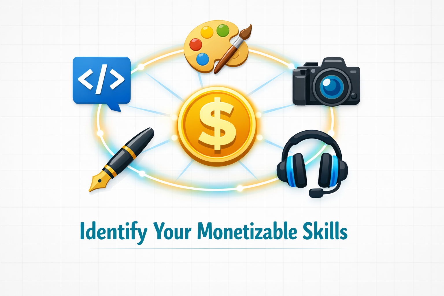() editorial illustration showing a diverse set of skill icons arranged in a circular infographic — coding brackets, design