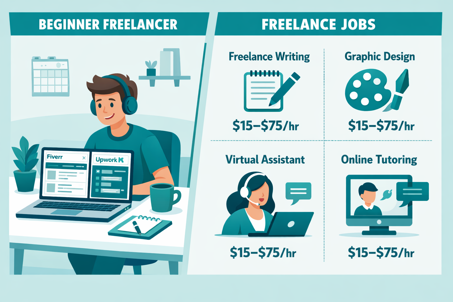 () editorial illustration showing a split-screen infographic: left side displays a beginner freelancer at a bright desk with