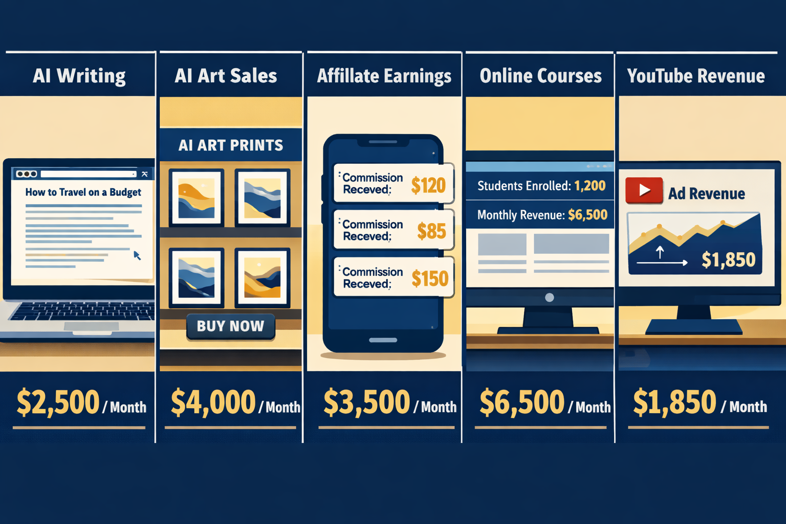 () editorial illustration showing a split-screen comparison of five AI income streams: a laptop displaying an AI writing
