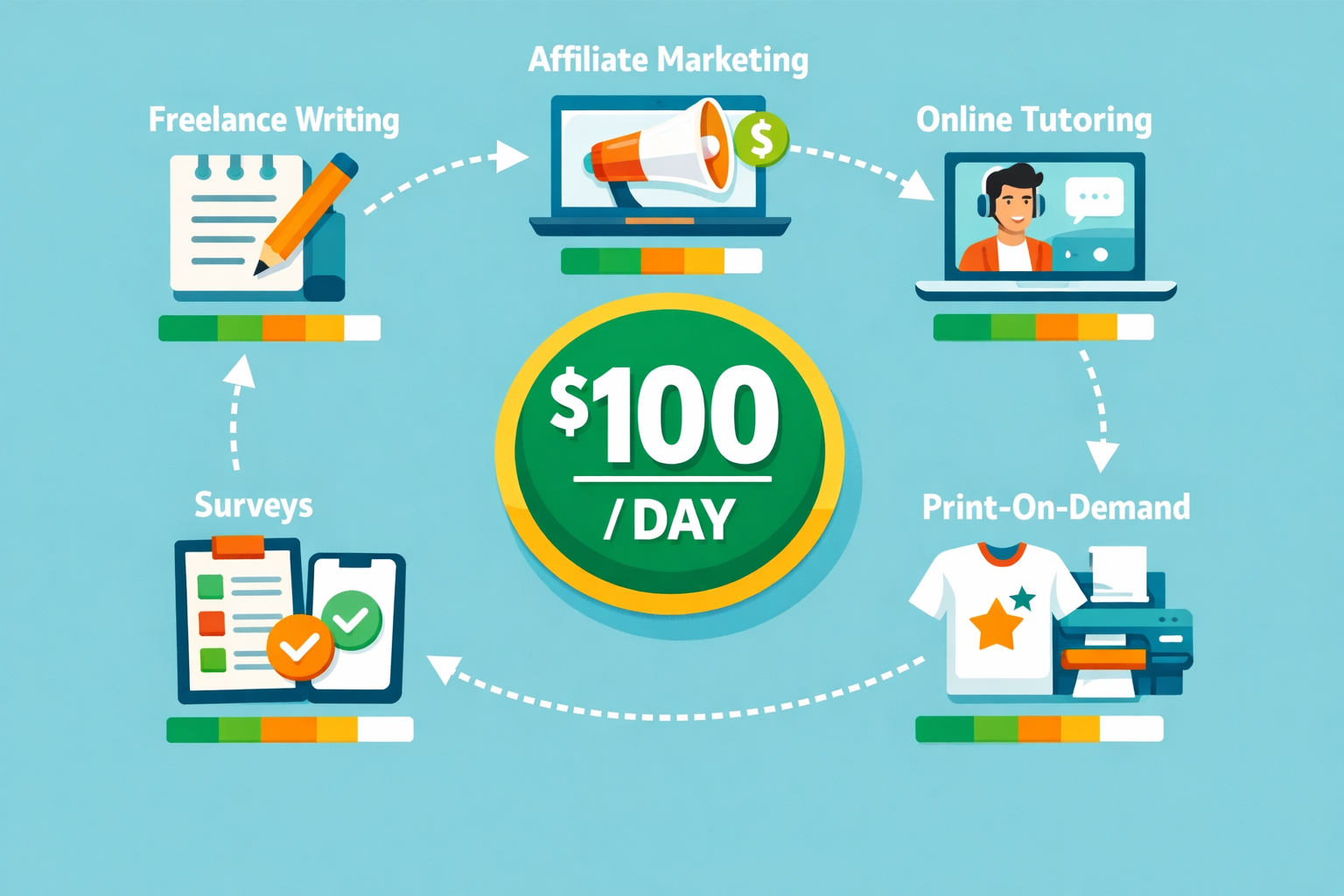() editorial illustration showing a beginner's online income roadmap: a flat-design infographic-style scene with five