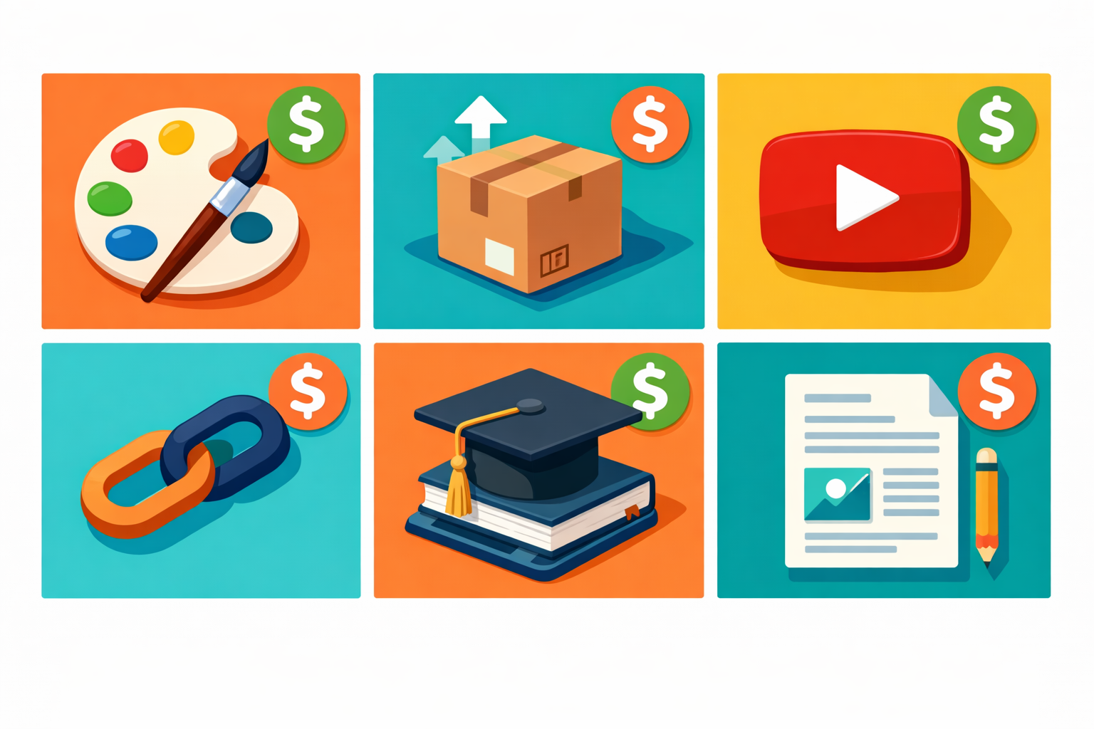 () editorial illustration showing a colorful grid of six online business icons: a freelance design palette, a dropshipping