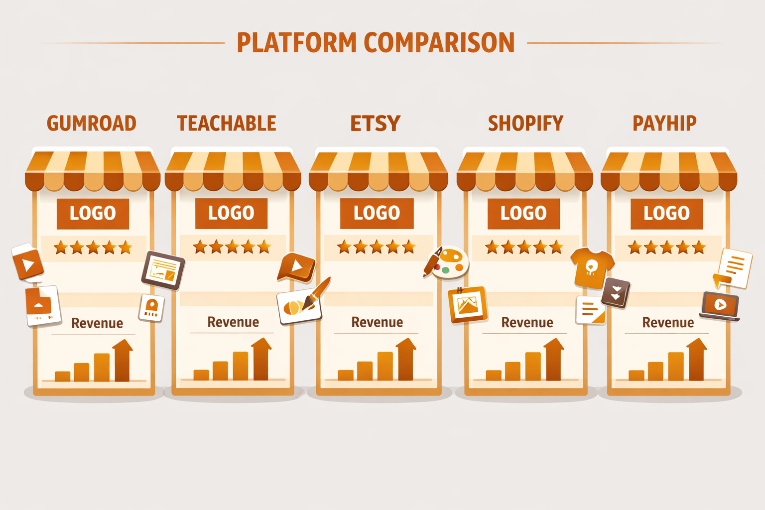 () editorial illustration showing a side-by-side comparison grid of top digital product selling platforms — Gumroad,