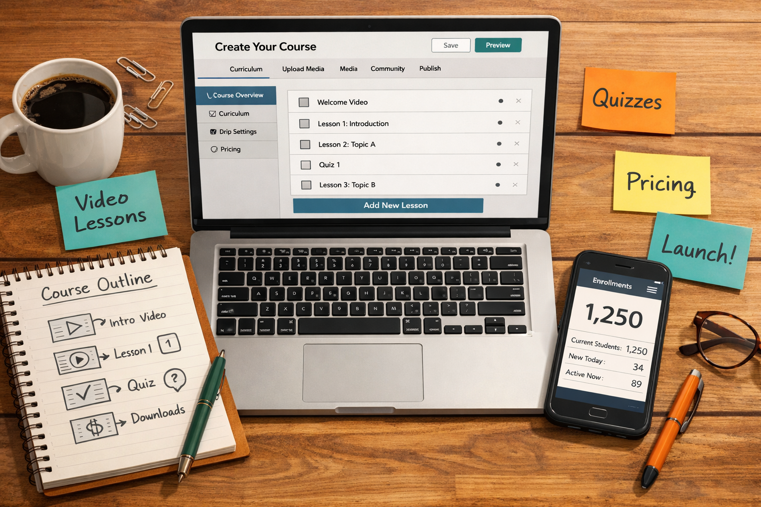 () editorial illustration showing a flat-lay overhead view of a wooden desk with a laptop open to a course builder interface