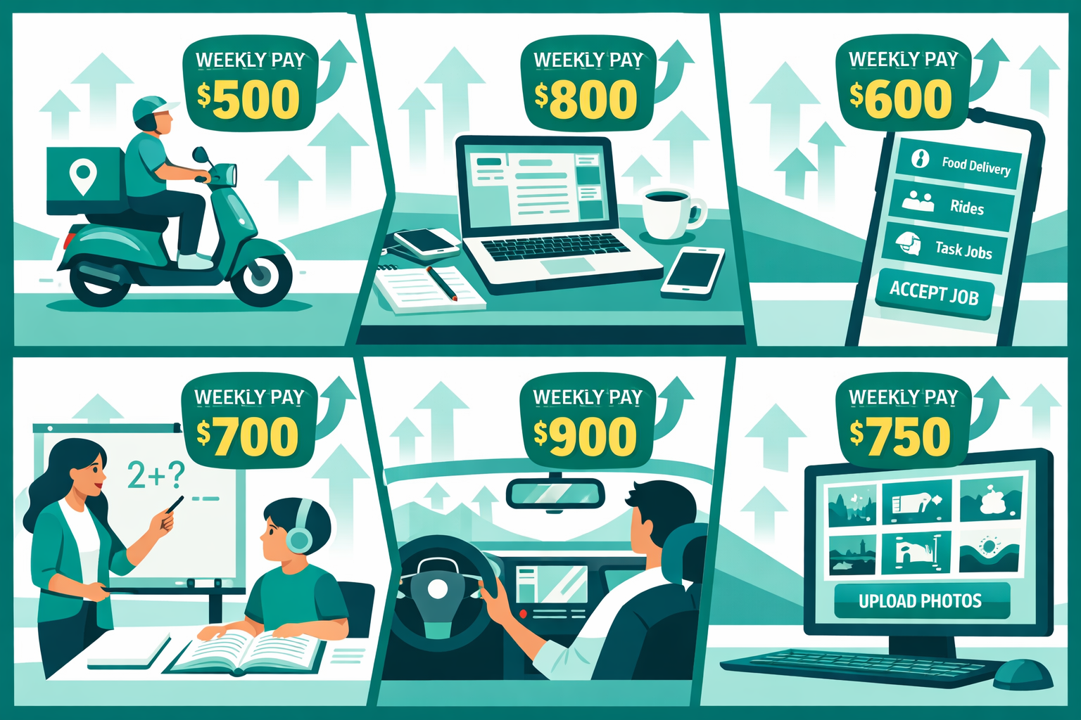 () editorial illustration showing a dynamic split-screen comparison of six side hustle icons: a delivery scooter, a
