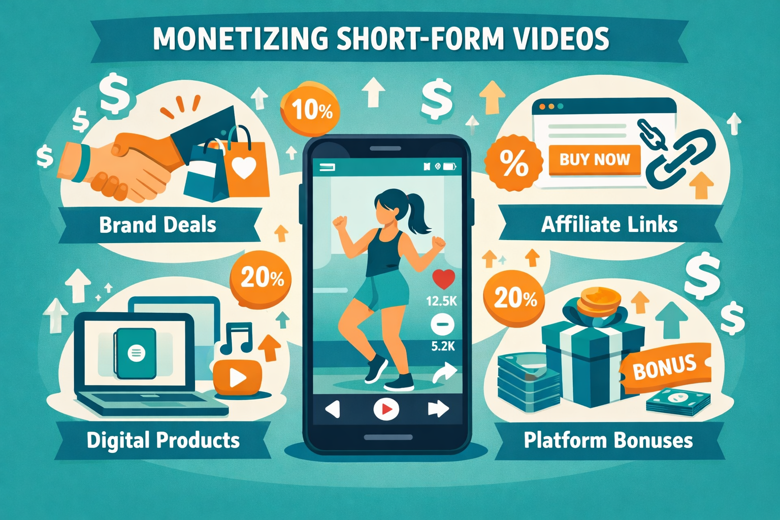() editorial illustration showing multiple monetization revenue streams for short-form video creators: a flat-design