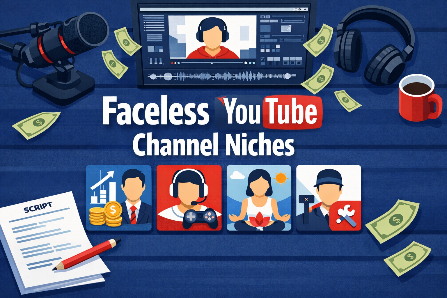 () editorial illustration showing a flat-lay overhead view of a YouTube content creation workspace: a desk with a