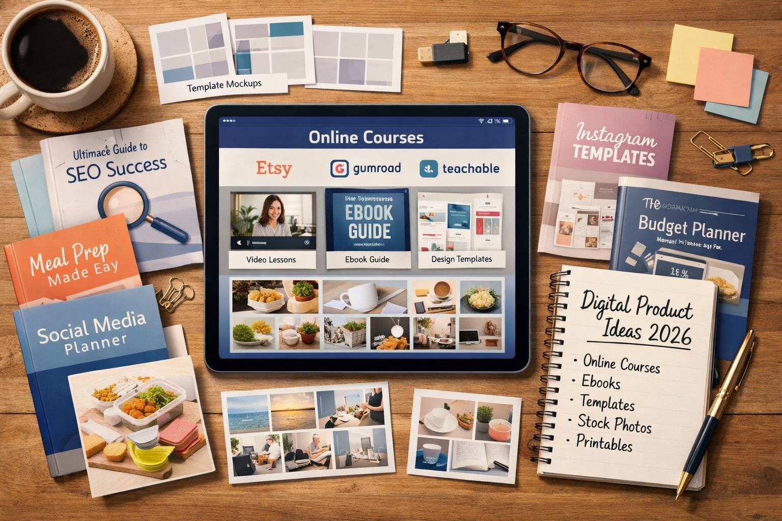 () editorial illustration showing a flat-lay overhead view of a wooden desk with a tablet displaying an online course