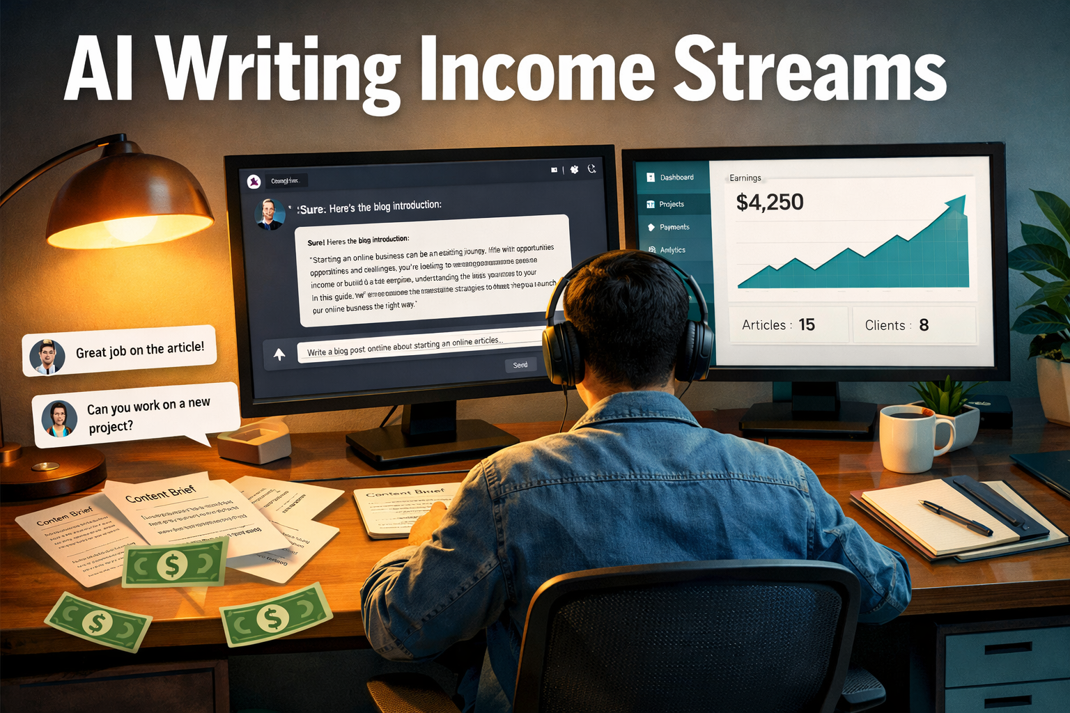 () editorial illustration showing a freelancer at a modern desk with dual monitors — one displaying an AI writing tool