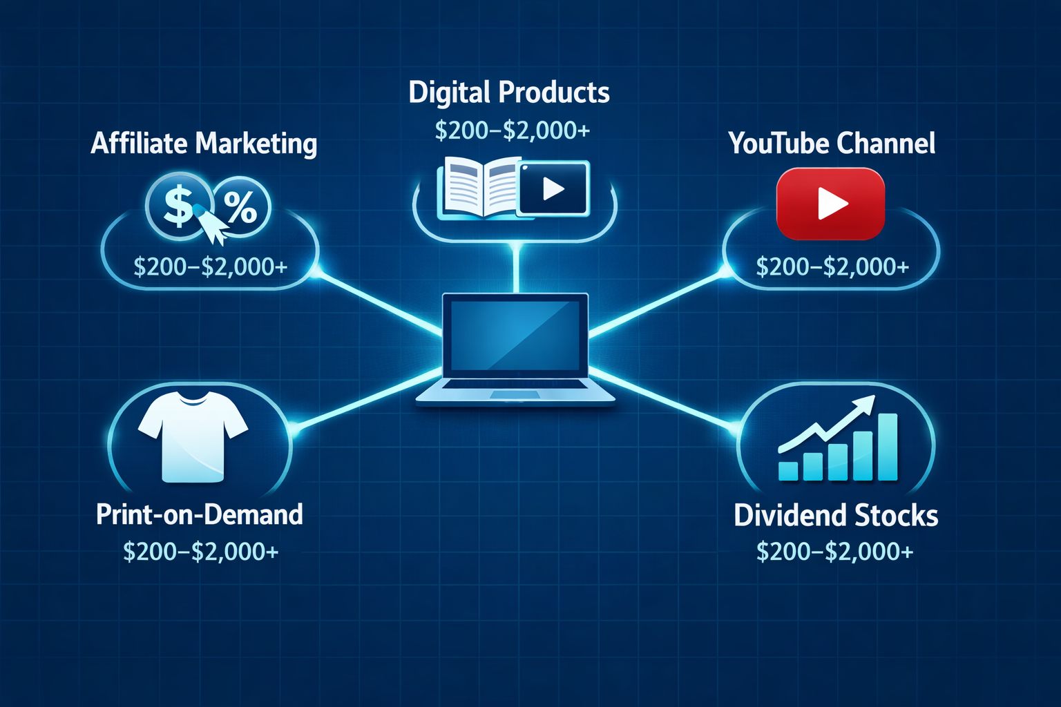 () informational illustration showing a branching passive income ecosystem diagram: a central laptop icon connected by