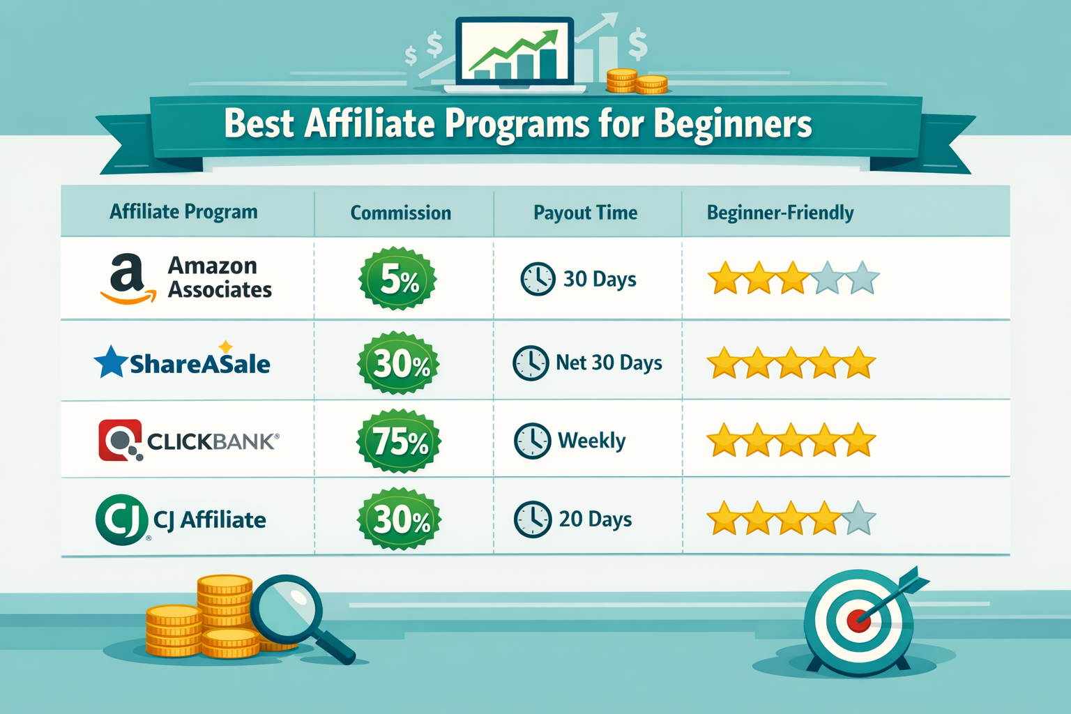 Detailed () informational graphic showing a comparison table of top affiliate programs for beginners — including icons for