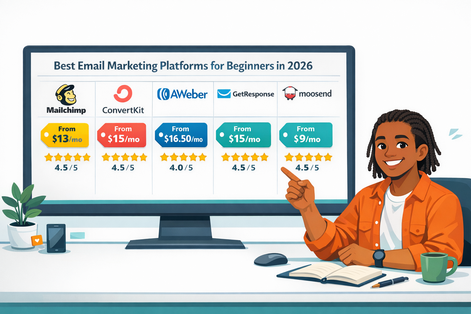 () editorial illustration showing a comparison table of email marketing platforms — Mailchimp, ConvertKit, AWeber,