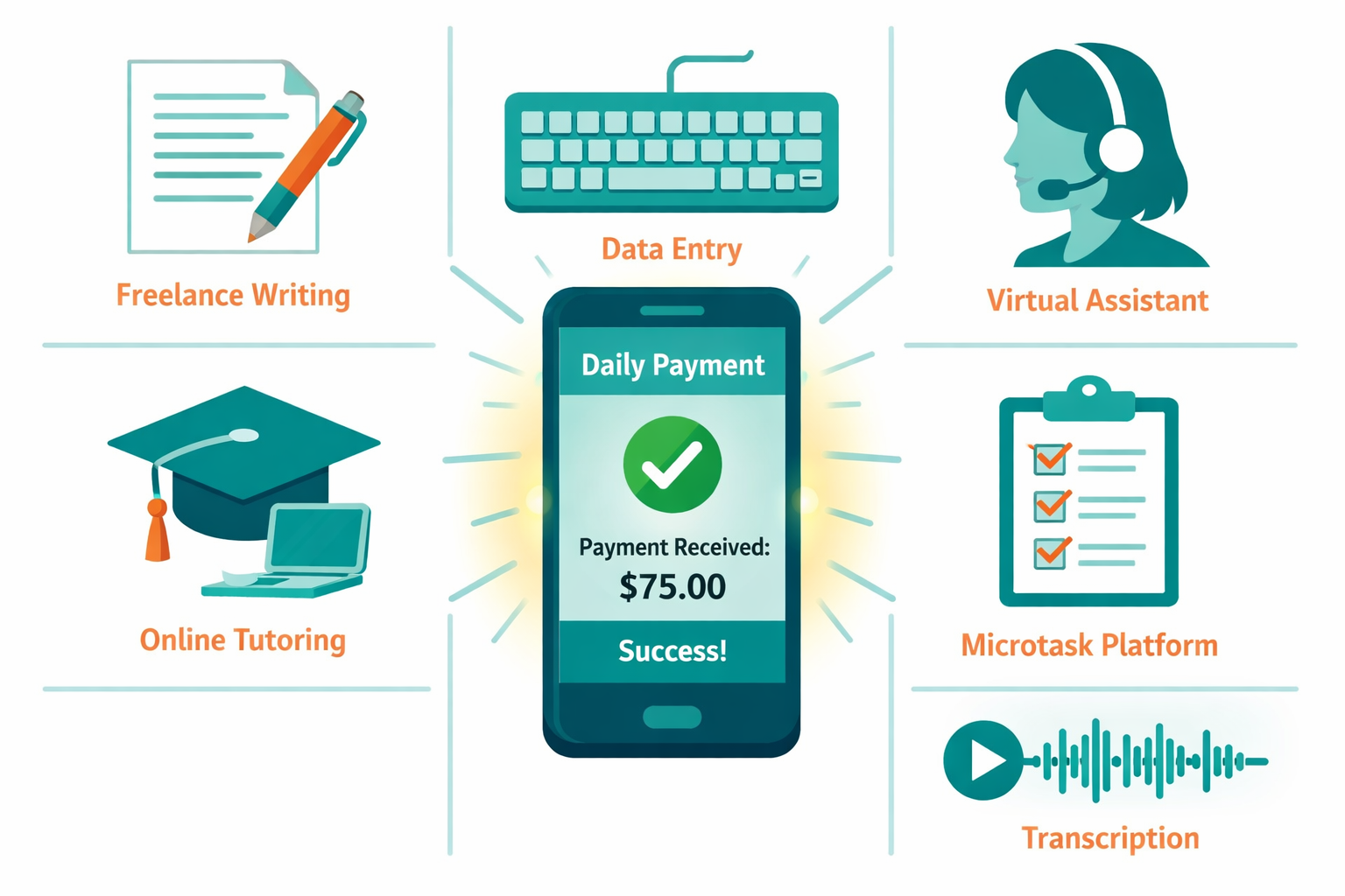 () editorial illustration showing a colorful grid of six online job icons — freelance writing (pen and document), data entry