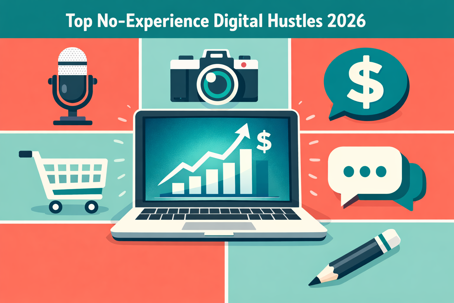 () editorial illustration showing a colorful grid of six digital side hustle icons — a microphone for podcasting, a camera