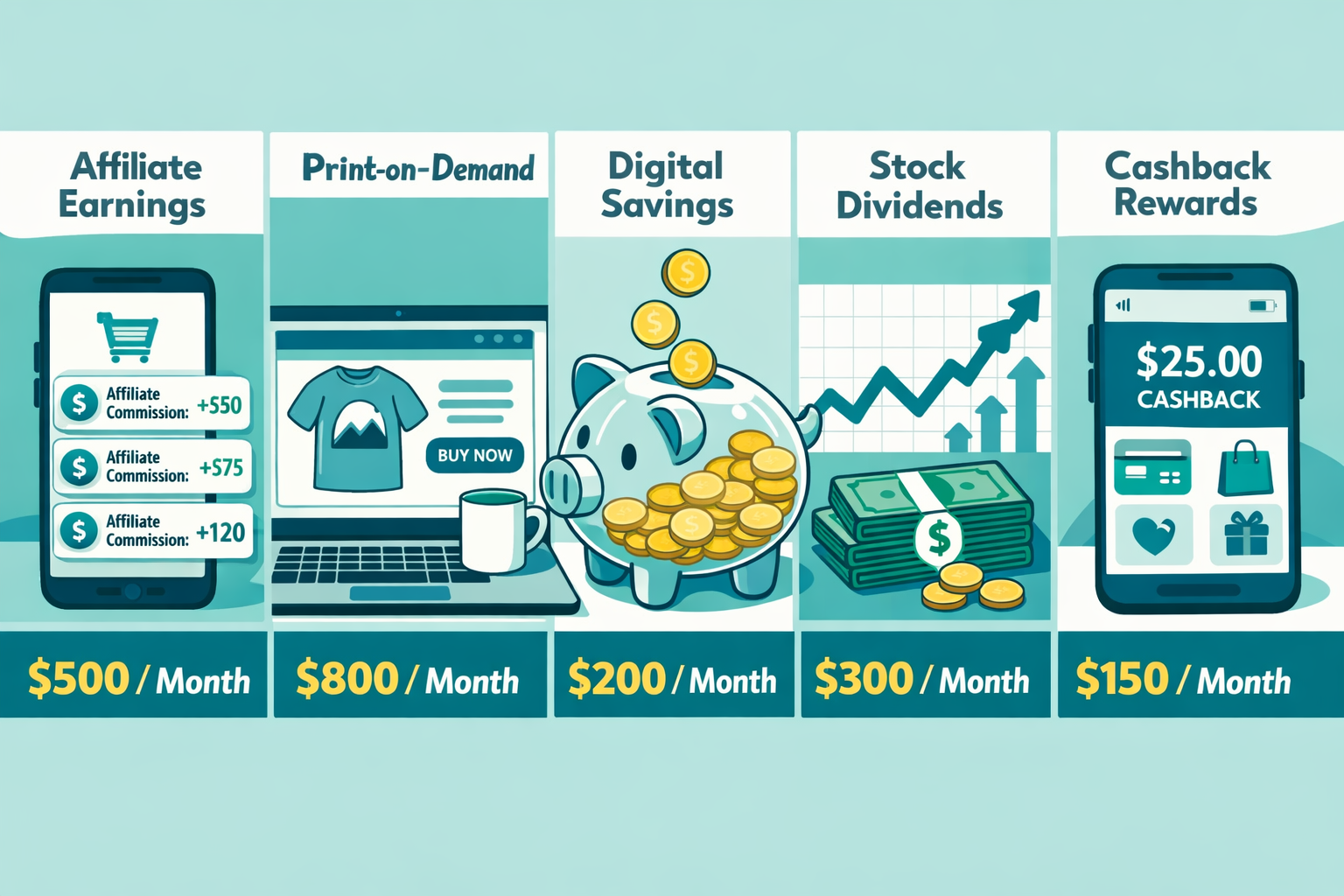() editorial illustration showing a split-scene comparison of five passive income streams: a smartphone displaying affiliate