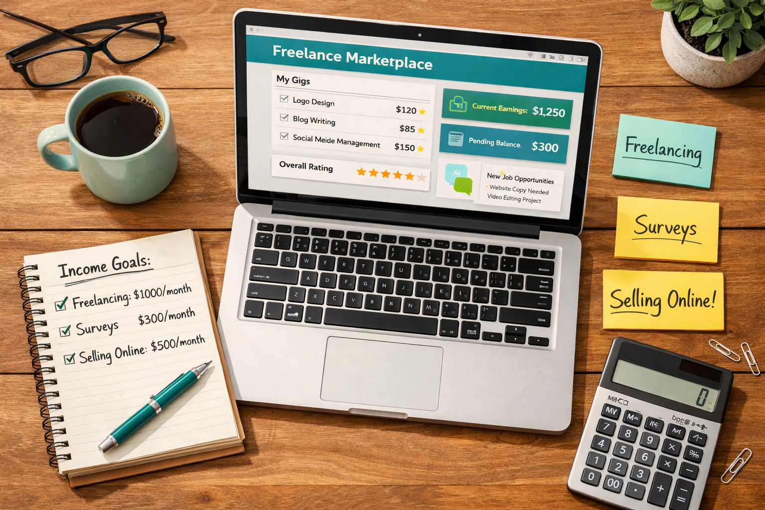 Detailed () editorial illustration showing a flat-lay overhead view of a wooden desk with a laptop open to a freelance
