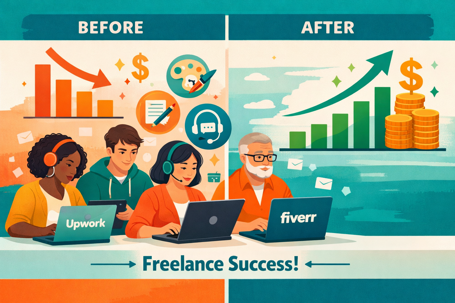 () editorial illustration showing a diverse group of beginners at laptops and tablets exploring freelance platforms like