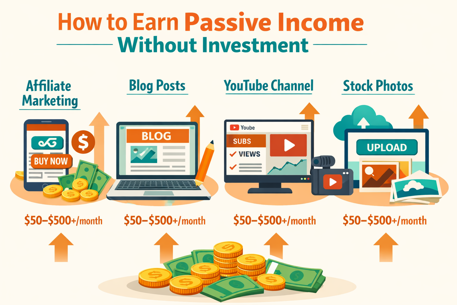 Detailed () editorial illustration showing a diverse set of passive income streams with zero upfront cost — a flat-design