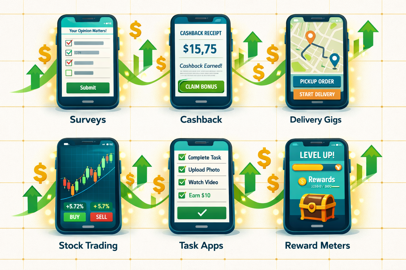 Detailed () infographic-style illustration showing a grid of six glowing smartphone screens, each displaying a different