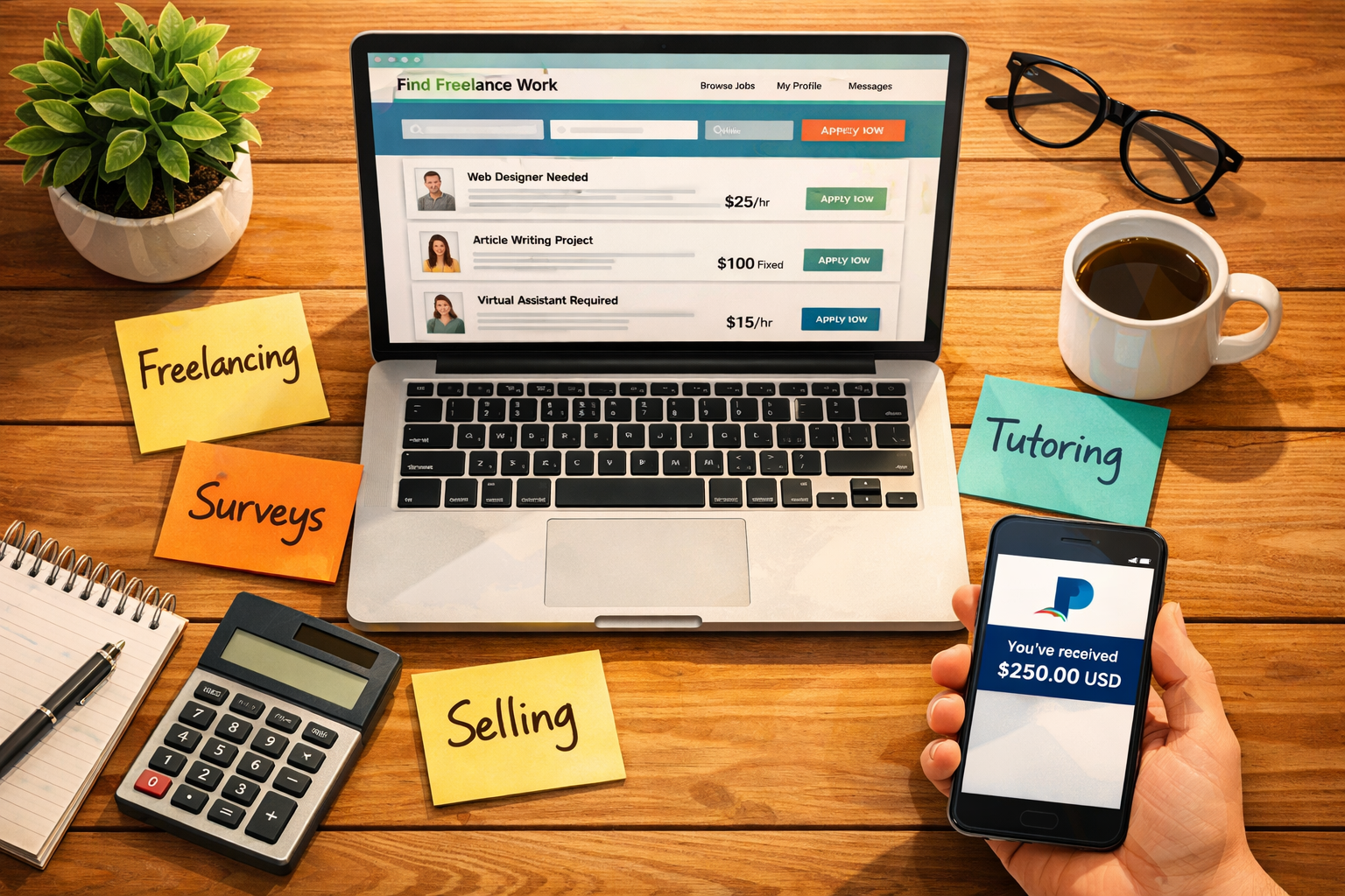 () editorial illustration showing a flat-lay overhead view of a wooden desk with a laptop open to a freelance marketplace