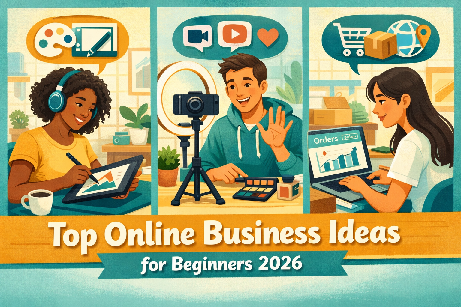 () editorial illustration showing a diverse group of three beginners at separate home workstations — one doing freelance