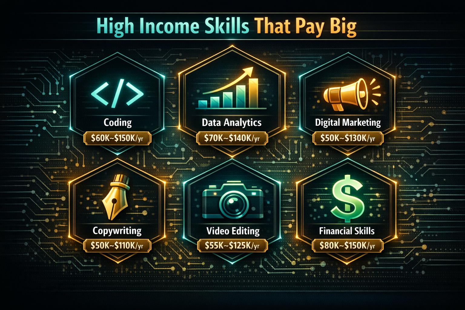 () infographic-style illustration showing six glowing skill icons arranged in a hexagonal grid: a code bracket symbol, a bar