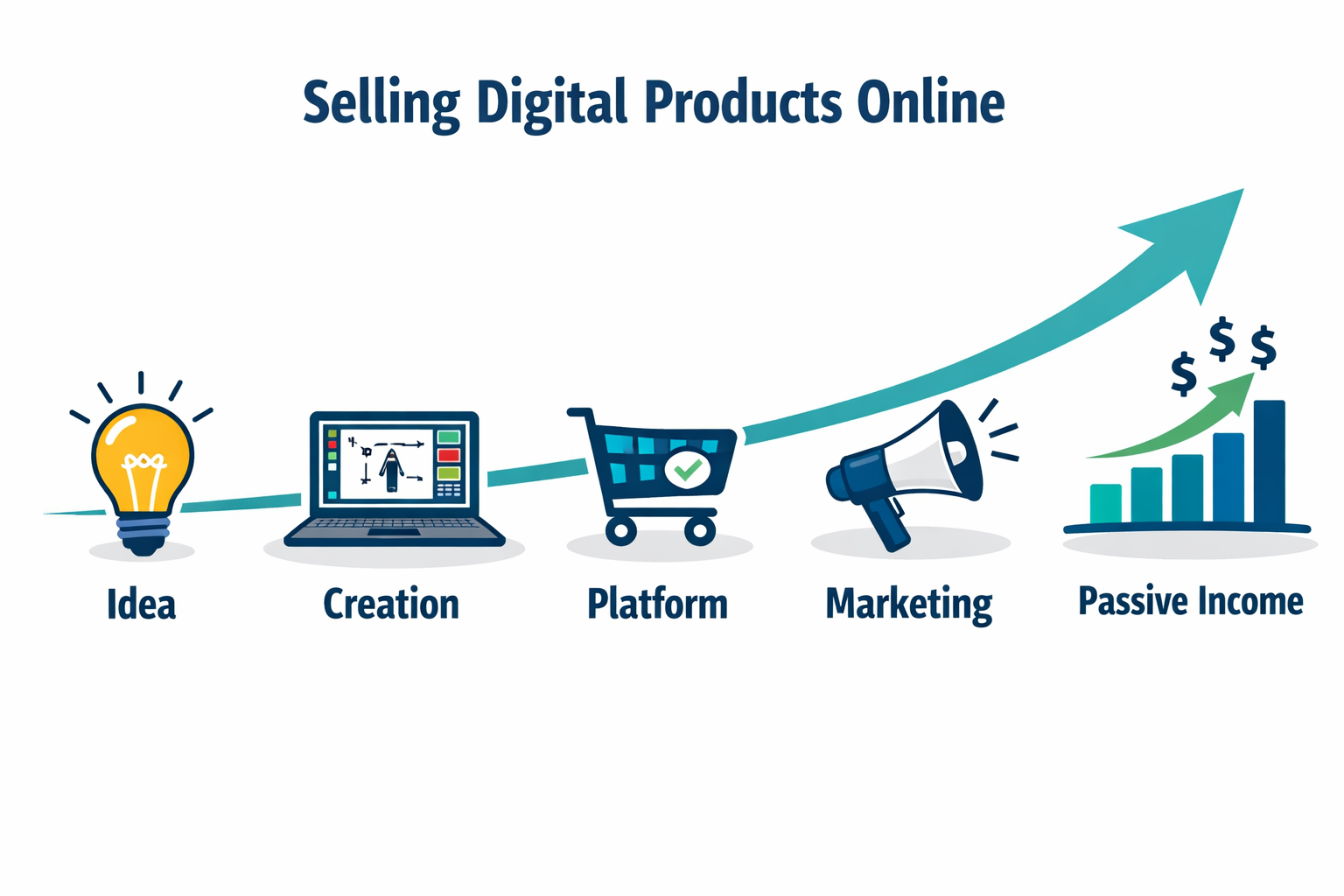 () infographic-style illustration showing a step-by-step visual roadmap for selling digital products online, featuring five