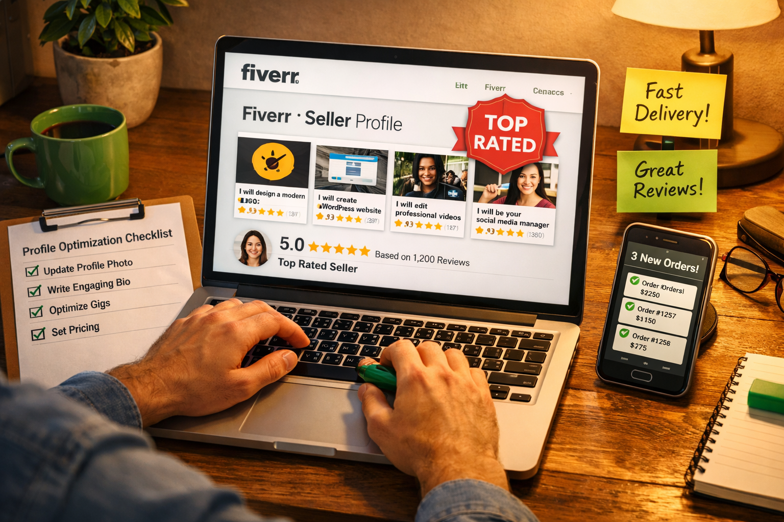 () editorial photo-illustration of a person at a home desk optimizing a Fiverr seller profile on a laptop screen, with