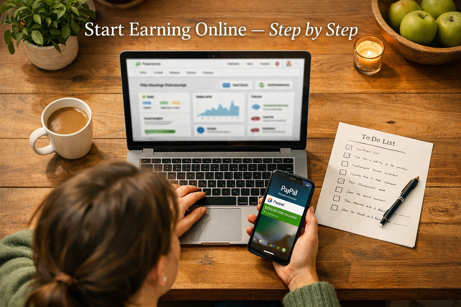 () realistic editorial photo-style image showing a focused beginner sitting at a kitchen table with a laptop open to a